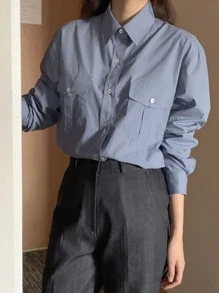 DAZY Solid Flap Pocket Button Up Shirt - Dusty Blue - View 2