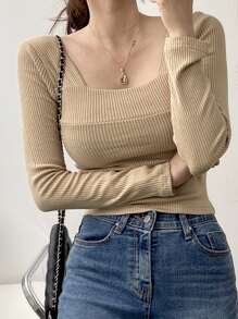 DAZY 實心方領肋針織t恤 - 卡其色 - 查看 6