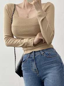 DAZY 實心方領肋針織t恤 - 卡其色 - 查看 7