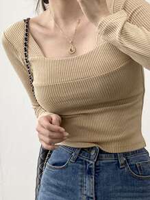 DAZY 實心方領肋針織t恤 - 卡其色 - 查看 8