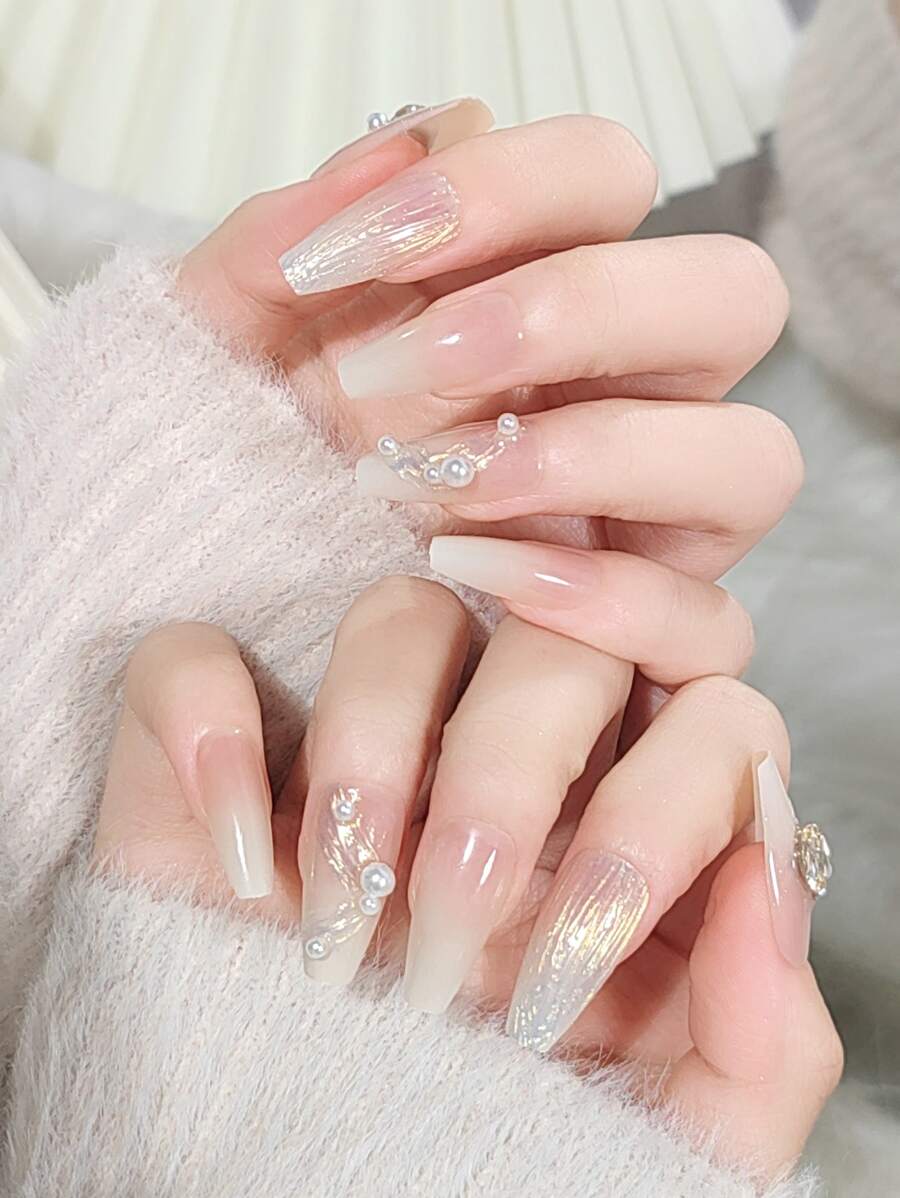 24入組長棺材形漸層假指甲，可拆卸式穿戴式壓克力假指甲和1pc指甲磨梳和1張指甲貼紙，美甲用品