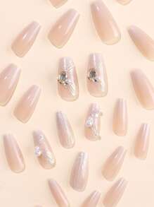 24入組長棺材形漸層假指甲，可拆卸式穿戴式壓克力假指甲和1pc指甲磨梳和1張指甲貼紙，美甲用品 - 珊瑚粉 - 查看 5