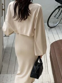 DAZY Vestido de tirantes unicolor & Abrigo de hombros caídos - Albaricoque - Ver 2