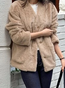 DAZY Dual Pocket Drop Shoulder Teddy Coat - Khaki - View 1