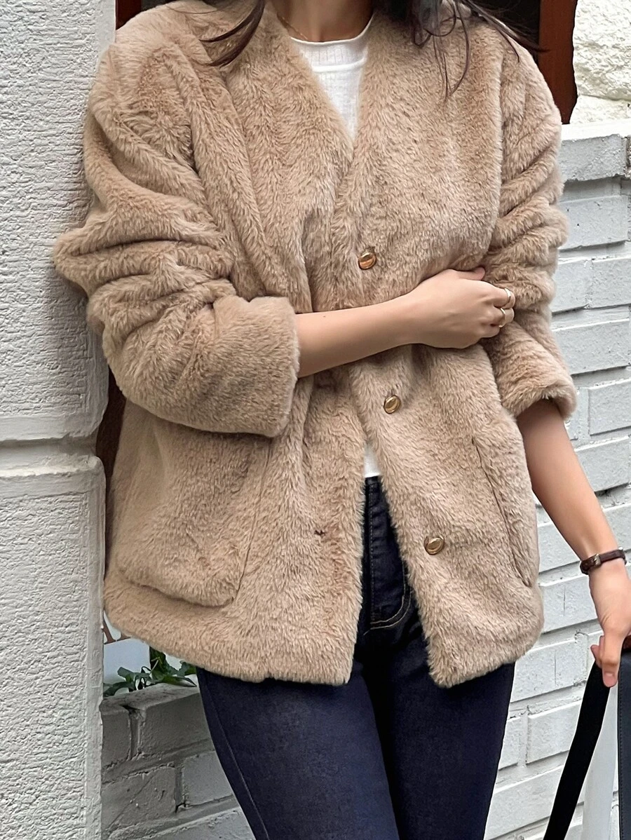 DAZY Dual Pocket Drop Shoulder Teddy Coat - Khaki - View 1