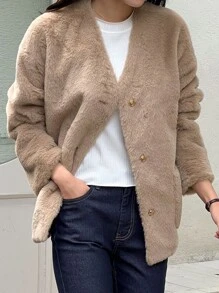 DAZY Dual Pocket Drop Shoulder Teddy Coat - Khaki - View 5