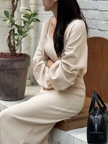 DAZY Vestido de tirantes unicolor & Abrigo de hombros caídos - Albaricoque - Ver 7