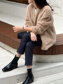 DAZY Dual Pocket Drop Shoulder Teddy Coat - Khaki - View 6