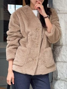 DAZY Dual Pocket Drop Shoulder Teddy Coat - Khaki - View 7