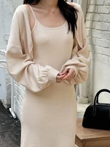 DAZY Vestido de tirantes unicolor & Abrigo de hombros caídos - Albaricoque - Ver 9