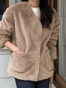 DAZY Dual Pocket Drop Shoulder Teddy Coat - Khaki - View 14