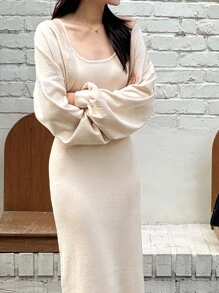 DAZY Vestido de tirantes unicolor & Abrigo de hombros caídos - Albaricoque - Ver 10