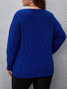 SHEIN Clasi 加大码麻花针织落肩毛衣，适合冬季和秋季穿着。 - 寶藍色 - 查看 2