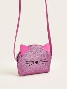 1pc Girls' Mini Pink Gritty Half-Circle Crossbody Bag With Cute Cat Design, Suitable For Daily Use