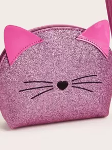 1pc Girls' Mini Pink Gritty Half-Circle Crossbody Bag With Cute Cat Design, Suitable For Daily Use