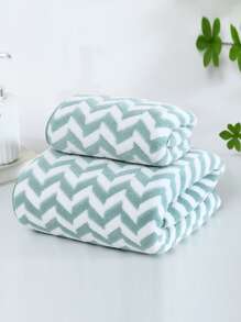 2pcs/set Chevron Pattern Towel (1 Towel + 1 Bath Towel), Daily Fabric Bath Towel For Home - Green - View 1