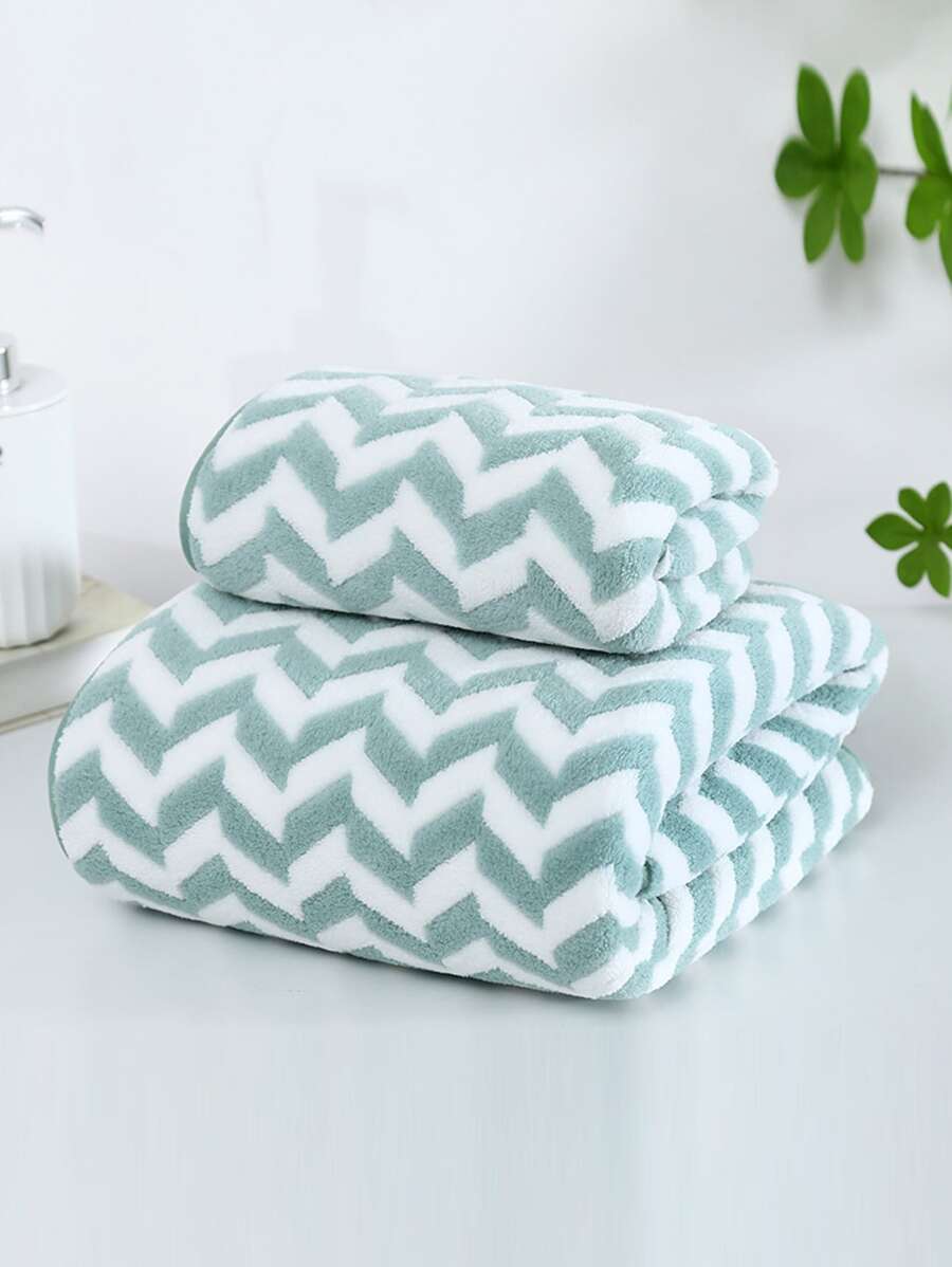 2pcs/set Chevron Pattern Towel (1 Towel + 1 Bath Towel), Daily Fabric Bath Towel For Home - Green - View 1