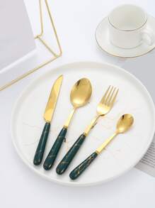 24pcs Marble Print Stainless Steel Cutlery Set With Storage Rack - Multicolor - View 3