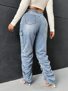 SHEIN ICON 大碼褶皺工裝牛仔褲 - 淺色水洗藍 - 查看 2