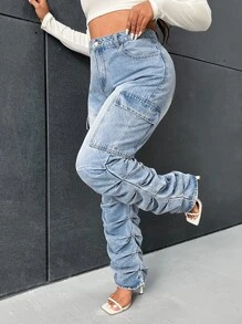 SHEIN ICON 大碼褶皺工裝牛仔褲 - 淺色水洗藍 - 查看 3