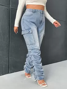 SHEIN ICON 大碼褶皺工裝牛仔褲 - 淺色水洗藍 - 查看 4