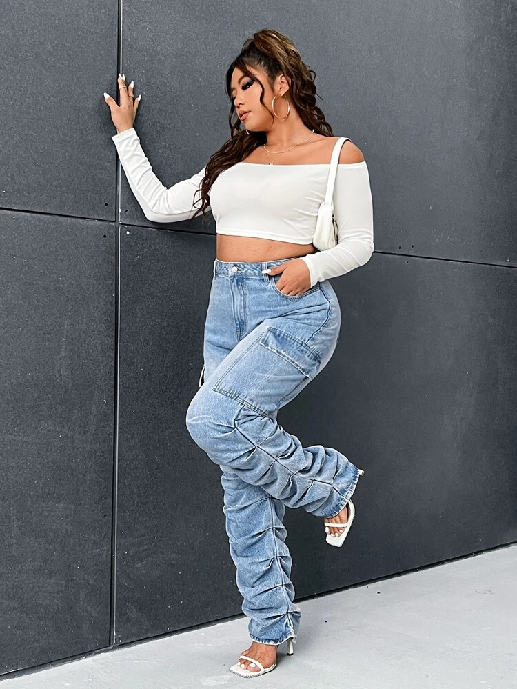 Plus Ruched Side Stacked Cargo Jeans