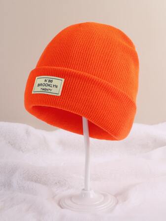 1pc Kids Solid Color Outdoor Casual Fashion Popular Fabric Label Brooklyn Letter Personalized Comfortable Knit Beanie, All Season