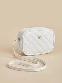 1 Pieza Bolso Bandolera Cuadrado Con Costura A Cuadros De Pu Blanco Para Niña, Adecuado Para Uso Diario - Blanco - Ver 4