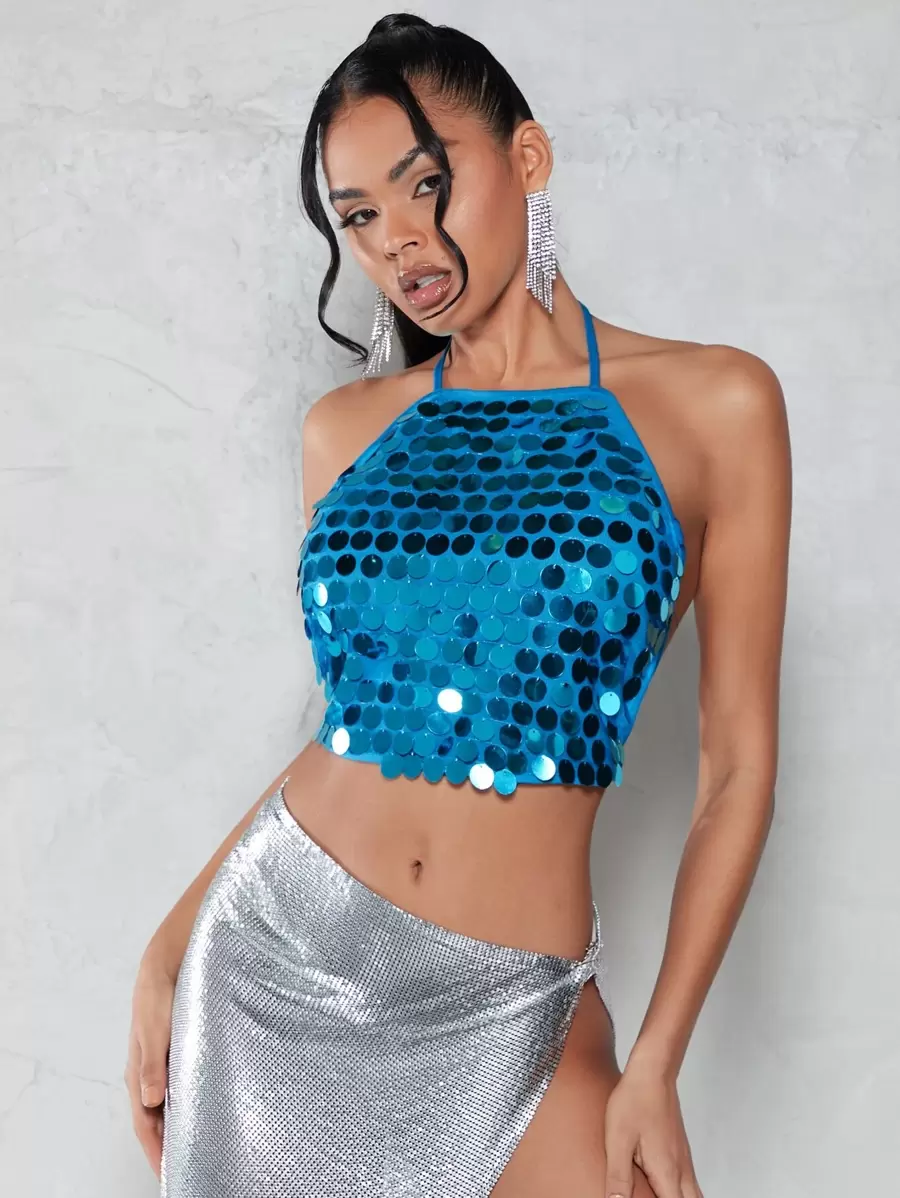 SHEIN BAE Sequin Tie Backless Crop Halter Top - Blue - View 1