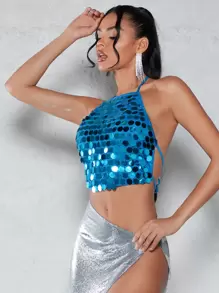 SHEIN BAE Sequin Tie Backless Crop Halter Top - Blue - View 5