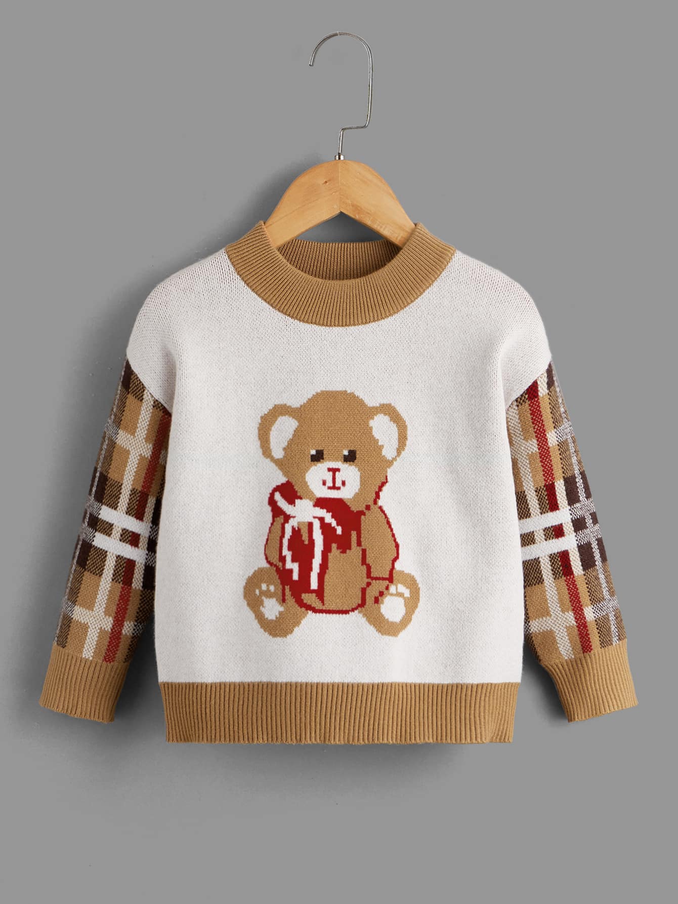 Toddler Boys Plaid & Bear Pattern Drop Shoulder Jumper - Multicolor - View 1