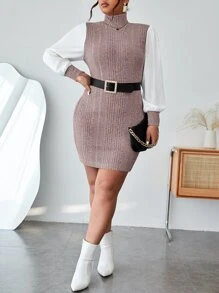 SHEIN Privé Plus High Neck Puff Sleeve 2 In 1 Dress Without Belt - Mauve Purple - View 4