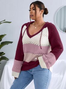 SHEIN LUNE 大碼撞色網眼針織插肩袖抽繩連帽套頭毛衣 - 紫色 - 查看 1