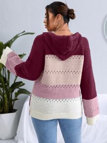 SHEIN LUNE 大碼撞色網眼針織插肩袖抽繩連帽套頭毛衣 - 紫色 - 查看 2