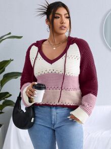 SHEIN LUNE 大碼撞色網眼針織插肩袖抽繩連帽套頭毛衣 - 紫色 - 查看 4