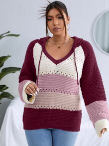 SHEIN LUNE 大碼撞色網眼針織插肩袖抽繩連帽套頭毛衣 - 紫色 - 查看 5