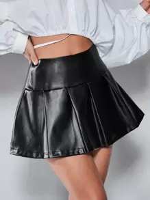 SHEIN BAE 高腰百褶PU皮革半身裙 - 黑色 - 查看 3