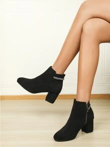 Botas de serraje falso con diseño de diamante de imitación con cremallera lateral con tacón grueso - Negro - Ver 1