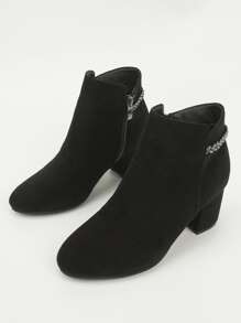 Botas de serraje falso con diseño de diamante de imitación con cremallera lateral con tacón grueso - Negro - Ver 3