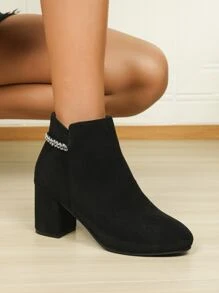 Botas de serraje falso con diseño de diamante de imitación con cremallera lateral con tacón grueso - Negro - Ver 5