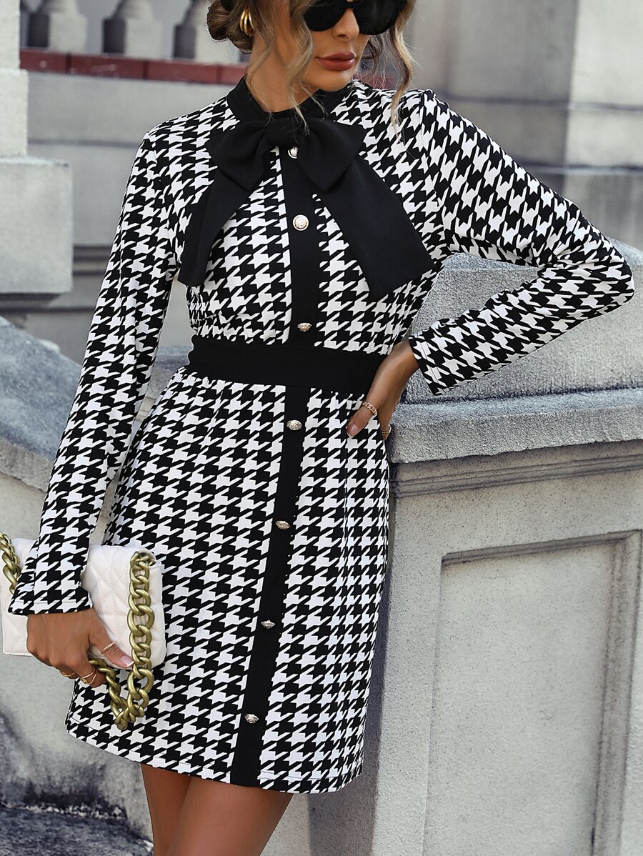 Houndstooth Print Tie Neck Dress - Black and White - View 1