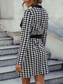 Houndstooth Print Tie Neck Dress - Black and White - View 2