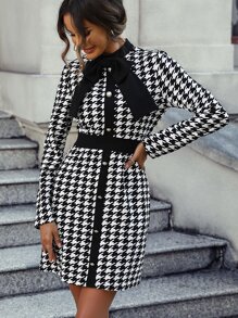 Houndstooth Print Tie Neck Dress - Black and White - View 4