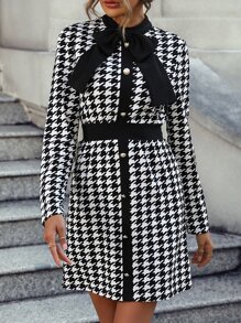 Houndstooth Print Tie Neck Dress - Black and White - View 5