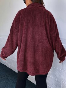 SHEIN Essnce Plus Drop Shoulder Flap Pocket Flannel Coat - Maroon - View 2