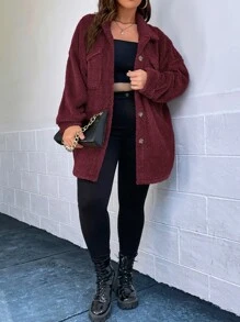 SHEIN Essnce Plus Drop Shoulder Flap Pocket Flannel Coat - Maroon - View 3