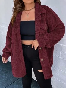 SHEIN Essnce Plus Drop Shoulder Flap Pocket Flannel Coat - Maroon - View 4