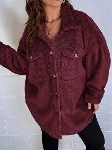 SHEIN Essnce Plus Drop Shoulder Flap Pocket Flannel Coat - Maroon - View 5