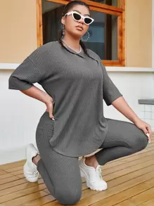 SHEIN EZwear Plus Solid Drop Shoulder Waffle Knit Top & Leggings - Dark Grey - View 1