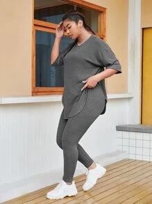 SHEIN EZwear Plus Solid Drop Shoulder Waffle Knit Top & Leggings - Dark Grey - View 3